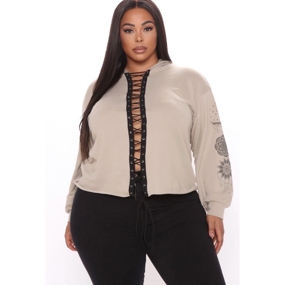 Fashion Nova Beige Lace-Up Hoodie Sweater with Black Trim